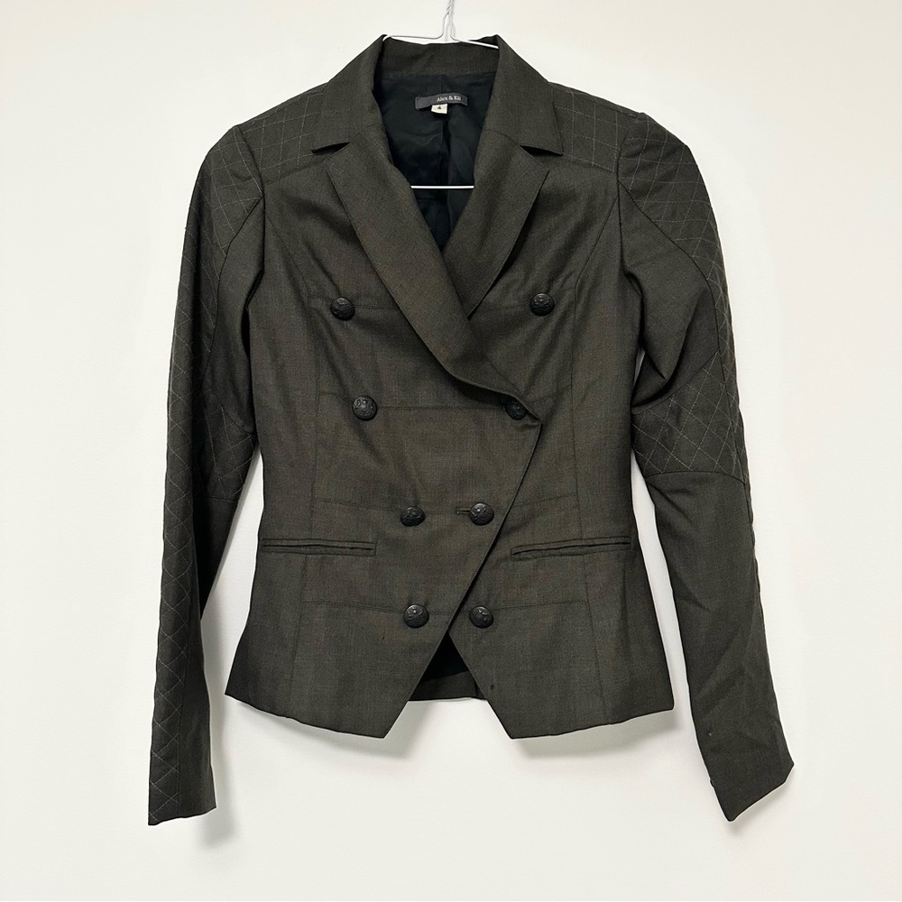 Alex & Eli Green Wool Double-Breasted Military Style Jacket with Notched Lapels
